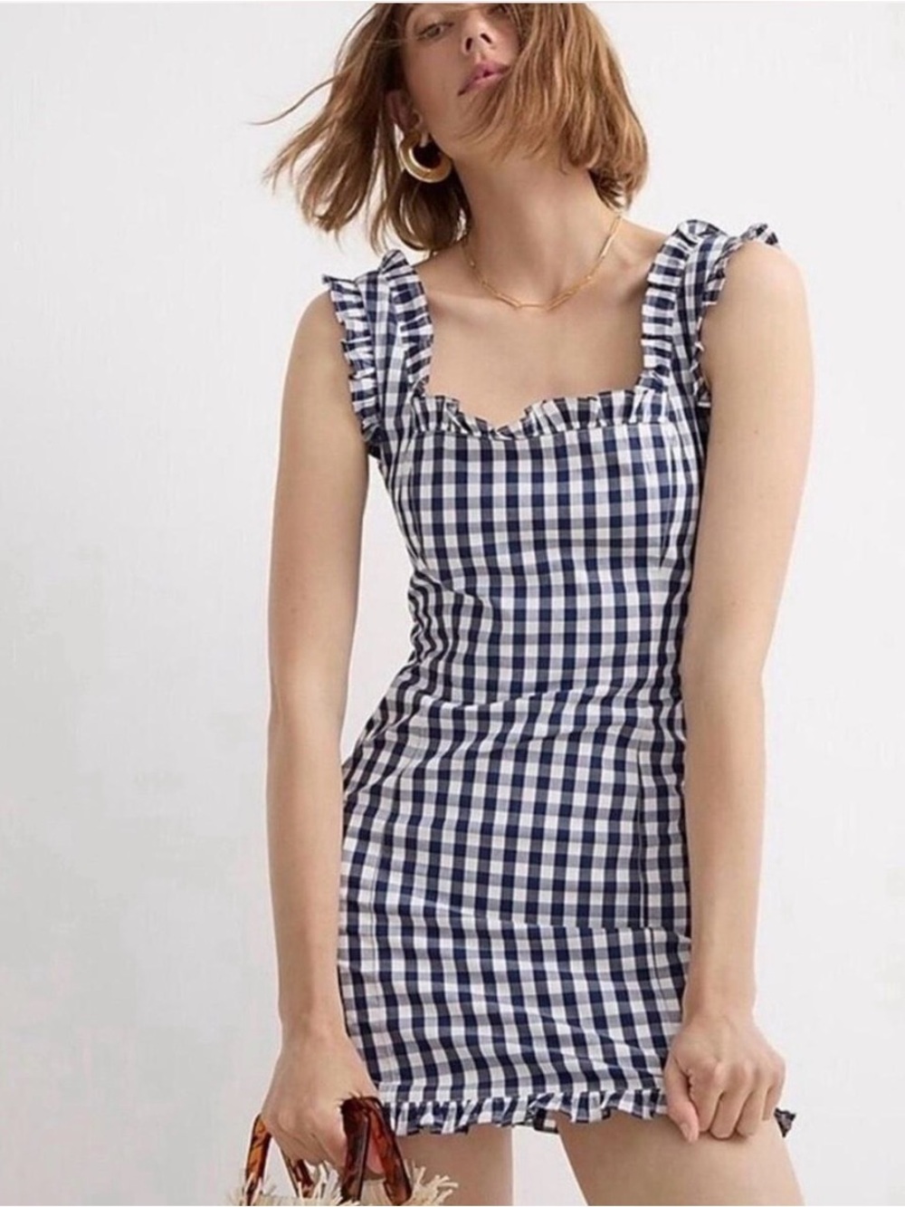 J. Crew Navy and White Gingham Ruffle Strap Mini Dress